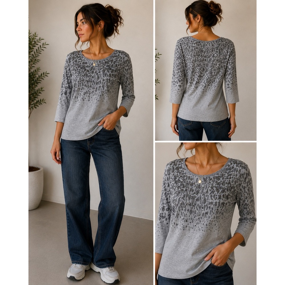 Ruby Rd Womens Grey Leopard Print Rhinestone Scoop Neck 3/4 Sleeve Top Large